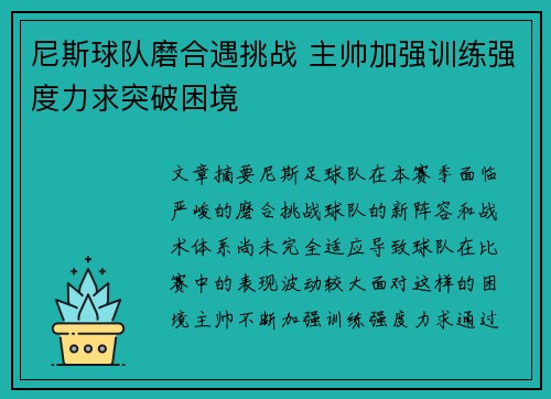 尼斯球队磨合遇挑战 主帅加强训练强度力求突破困境