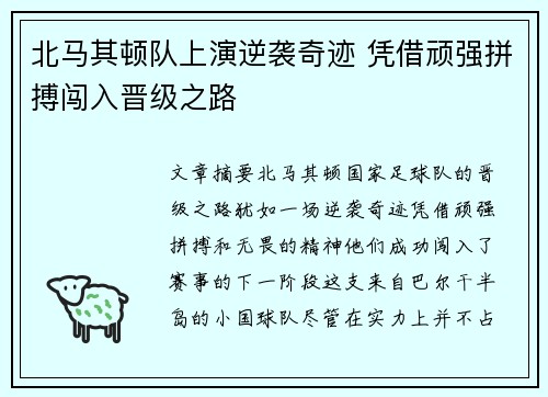 北马其顿队上演逆袭奇迹 凭借顽强拼搏闯入晋级之路