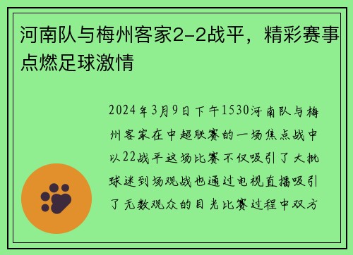 河南队与梅州客家2-2战平，精彩赛事点燃足球激情