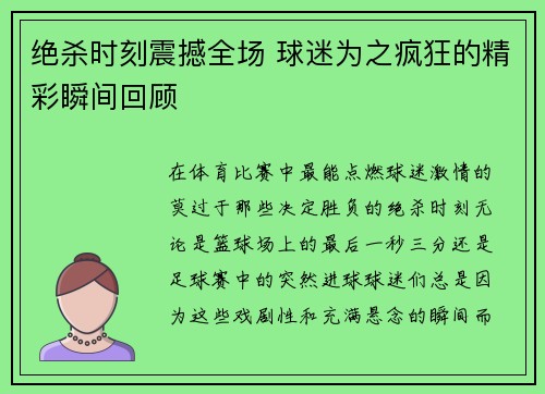 绝杀时刻震撼全场 球迷为之疯狂的精彩瞬间回顾